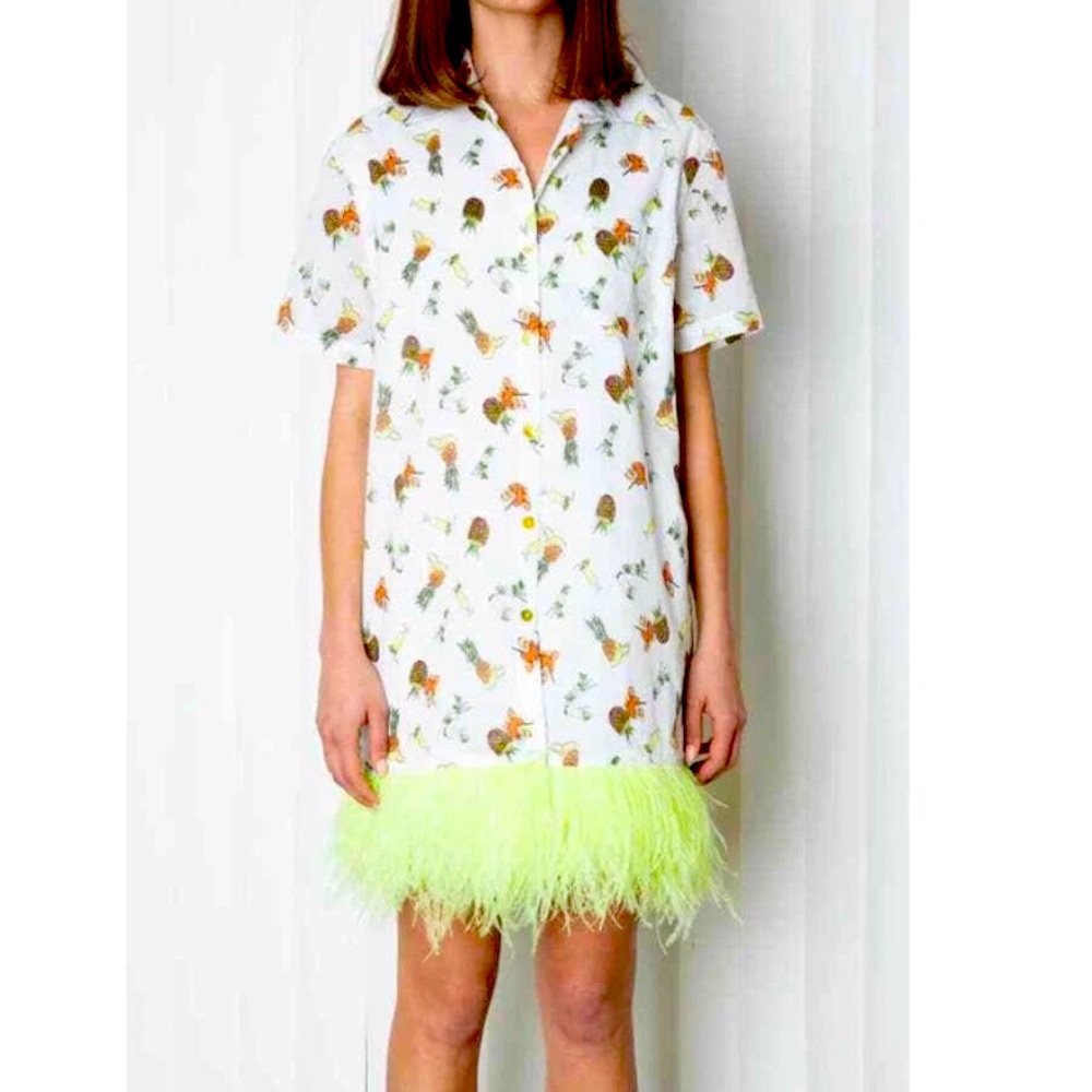Le Superbe Happy Hour shift shirt dress with neon green Feather Hem